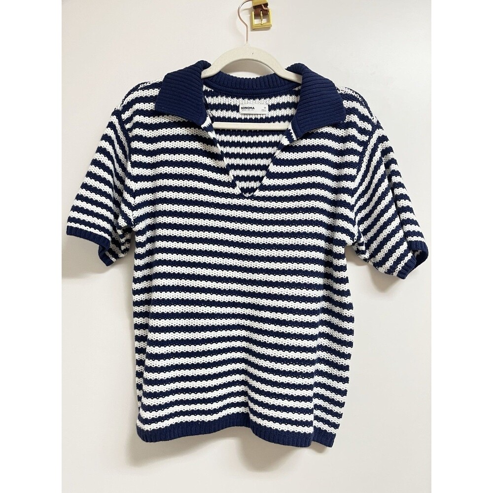 Sonoma Knit Sweater Women's M Blue V-Neck Short Sleeve Collared Casual Top